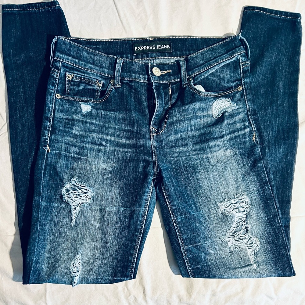 Express Women's Dark Blue Distressed Skinny Jeans Sz 2r